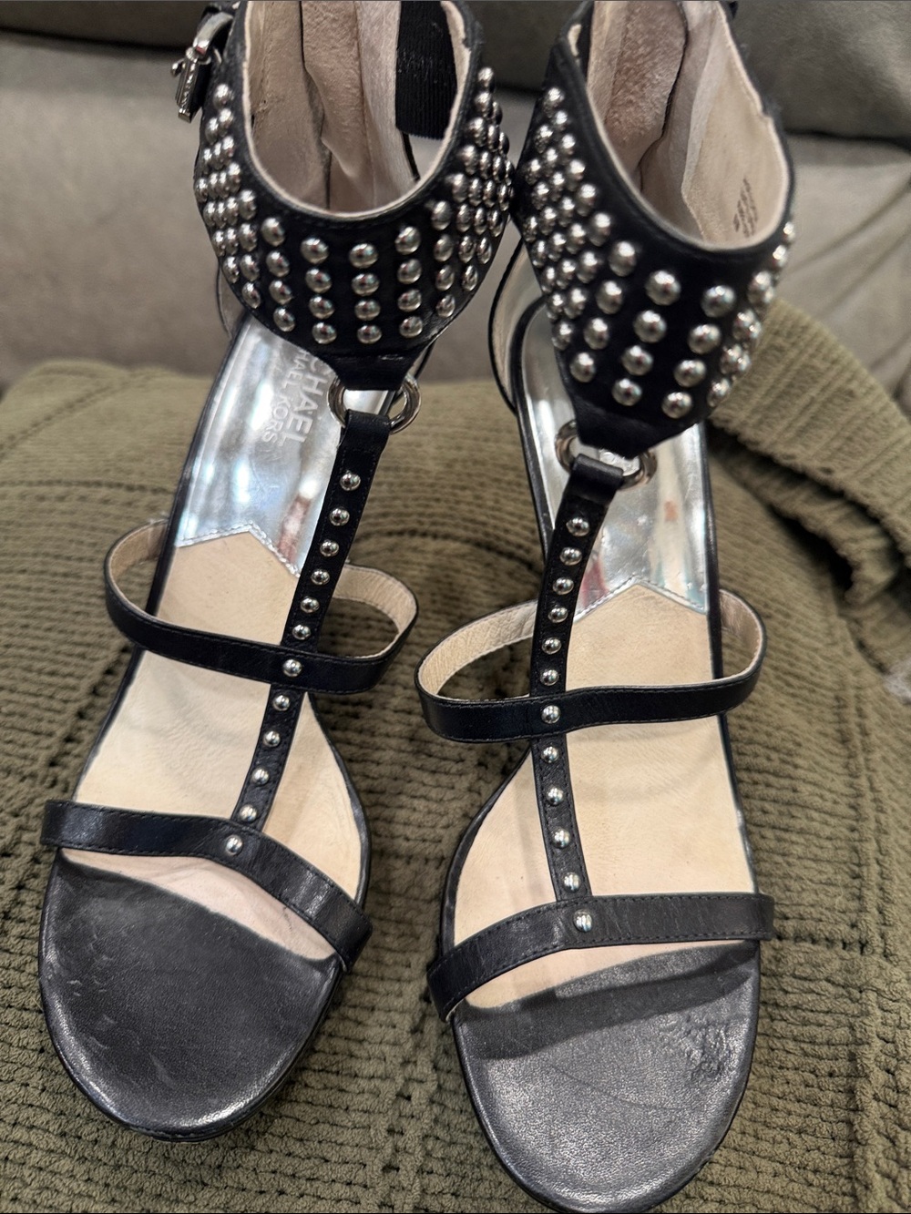 Michael Kors Black Studded T-Strap High Heel Sandals - Picture 2 of 9